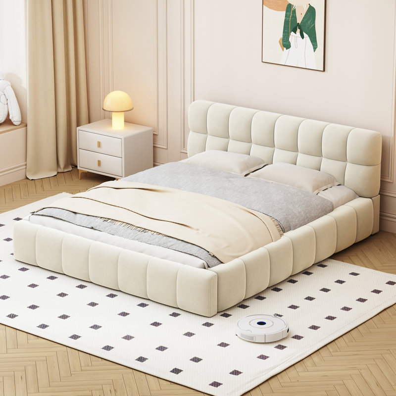 Upholstered Bed, Beige, European Double (140 x 200 cm)