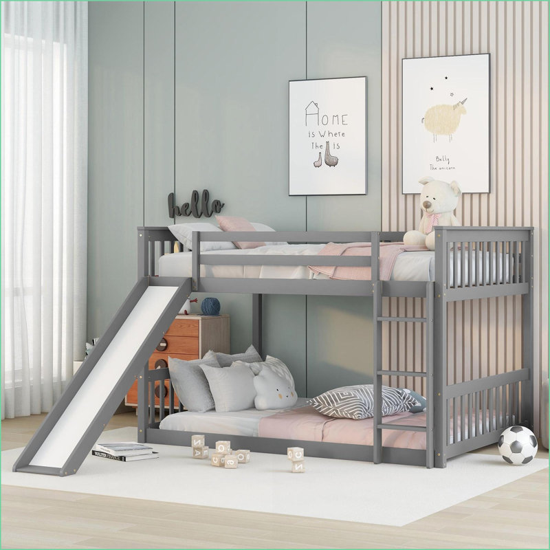 Lit superposé double en bois de pin massif avec glissière interchangeable Échelle - Aucun sommier requis, gris, Gris