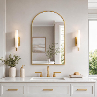 24x32 Inch Arched Metal Framed Bathroom Vanity Mirror with HD Silver Glass and Tempered Safety Glass