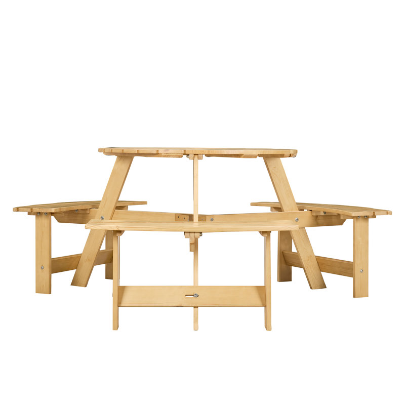Table de pique-nique extérieure pour 6 personnes avec 3 bancs intégrés et trou pour parasol - Idéale pour jardin, cour ou terrasse - Résistante aux intempéries - Bois naturel robuste - Trou pour plus de détente