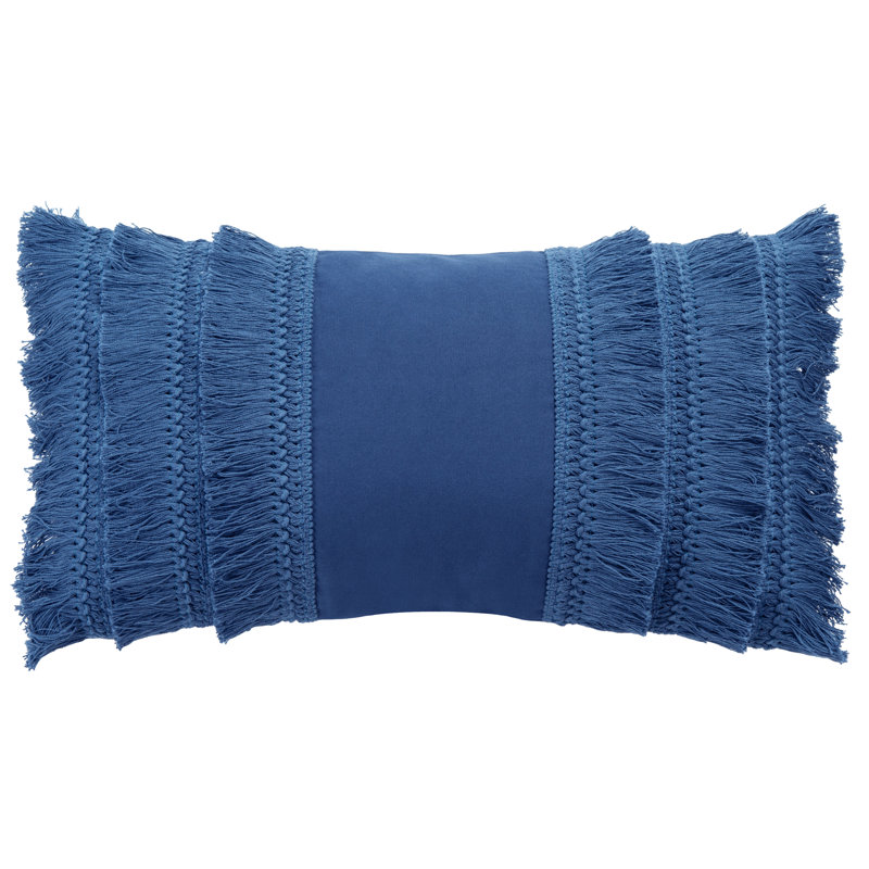Navy Blue Frayed Cotton Boho Rectangle Throw Pillow
