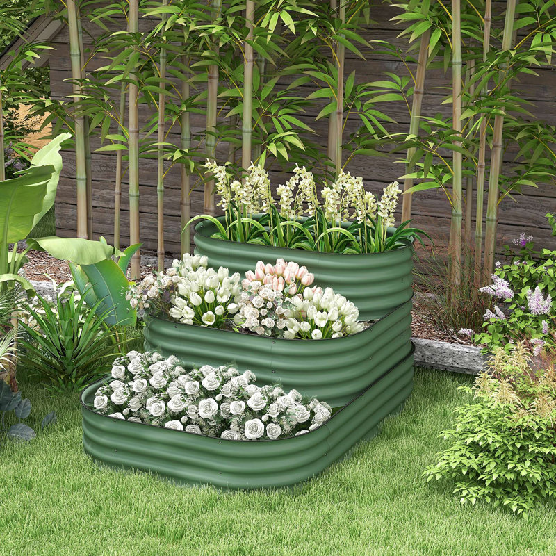 3-Tier Galvanized Steel Raised Garden Bed Kit, 62.25" X 43" X 32.25", 3 Combining Planter Boxes With Rubber Strip Edging, Open Bottom For Backyard, Garden, Patio