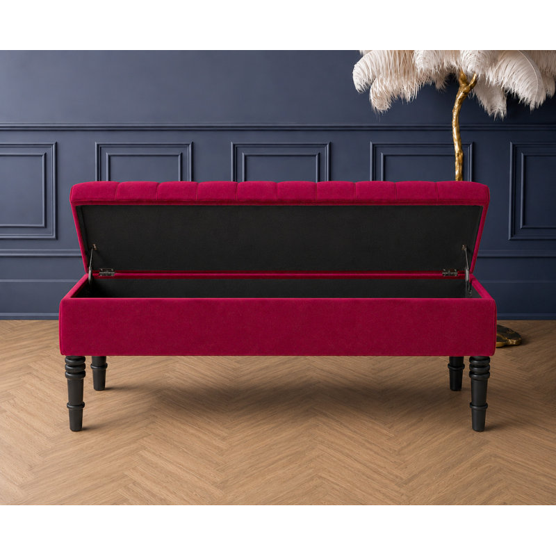 Cubed Tufted Rectangle Ottoman Storage Bench, Upholstered Plush Velvet Shoe Bench with Black Turned Wooden Legs, Red Plush 