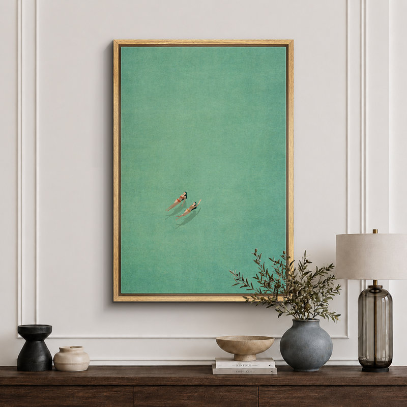Illustration de nageur aérien turquoise moderne, décor de salle de bain fantaisiste minimaliste, photos de maison de plage côtière, impression sur toile encadrée, impression sur toile