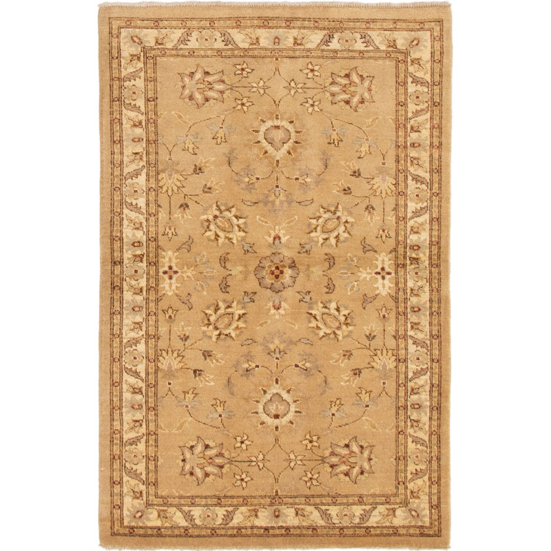 Tapis brun clair en laine noué à la main de conception unique 4 pi 1 po x 6 pi 4 po Prudie