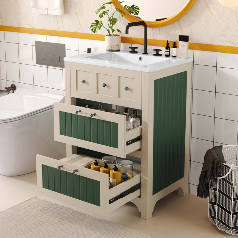 Armoire de salle de bain en bois, meuble-lavabo avec lavabo en céramique et 2 tiroirs, armoire d'appoint
