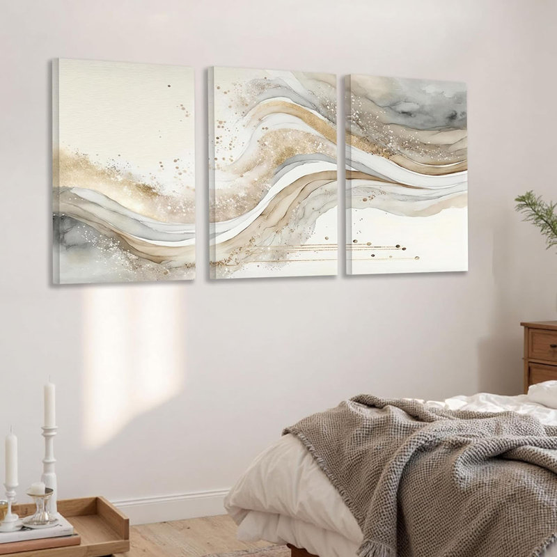 3 Pieces Gold Wave Abstract Wall Art, Modern Pictures Canvas Stylish Wall Decor,Minimalist Gold Art Prints For Bedroom Living Room Office Home Decoration Ready To Hang 16X24 Inch