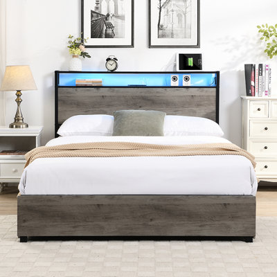 Cadre de grand lit en métal avec rangement pratique - tête de lit, tiroirs, tête de lit gris antique et structure en bois, station de charge, lumières à DEL, étable,