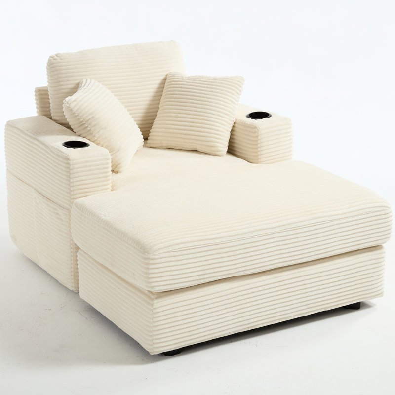 Nouvelle chaise longue rembourrée en velours côtelé pour le bureau du salon - Sac à magazines, coussins amovibles, porte-gobelets doubles, confort pour les jambes longues, assise confortable, matériau, design moderne, couleur beige, facile