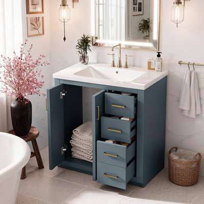 30" Freestanding Bathroom Vanity Set: Ceramic Sink Combo & Solid Wood Storage Cabinet With 3 Drawers And Soft-Close Doors