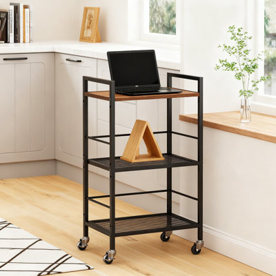 3-Tier Metal Storage Cart With Industrial Wheels & Wooden Tabletop, Adjustable Shelving Unit For Kitchen, Laundry, Pantry, And Plant Display