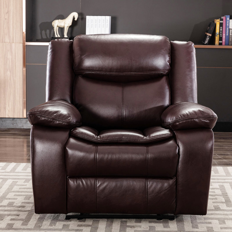 Fauteuil inclinable manuel en cuir pour le salon, cuir respirant, brun foncé, siège à deux couches avec ressorts ensachés, siège en éponge haute densité, dossier en mousse, bois massif et structure en métal, rangement