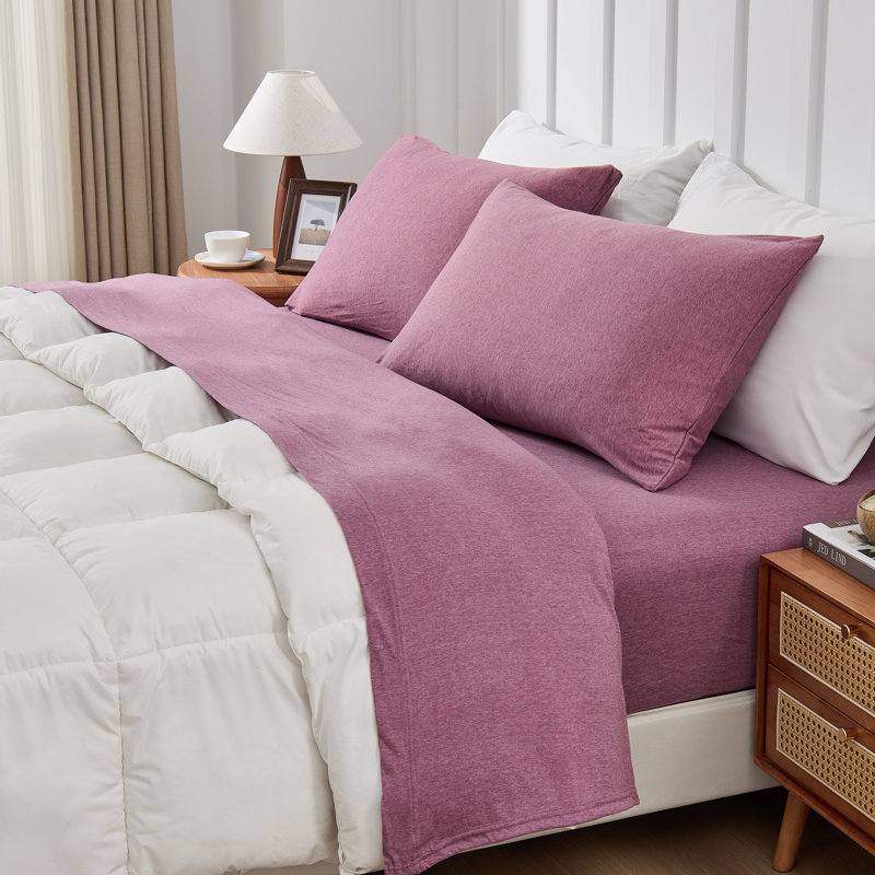 Ensemble de draps 4 pièces en jersey de coton chiné Kathy Ireland, Lit double, Rose