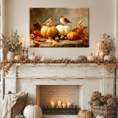 Fall Wall Art, Pumpkin Canvas Wall Art With Birds, Autumn Wall Art, Fall Pictures Wall Decor For Living Room, Rustic Harvest Color, Farmhouse Style, Cozy Room Accent, 20×30 in