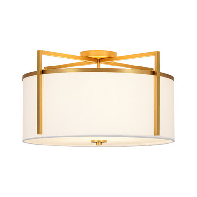 Transitional 3-Light Drum Linen Fabric Semi Flush Ceiling Light