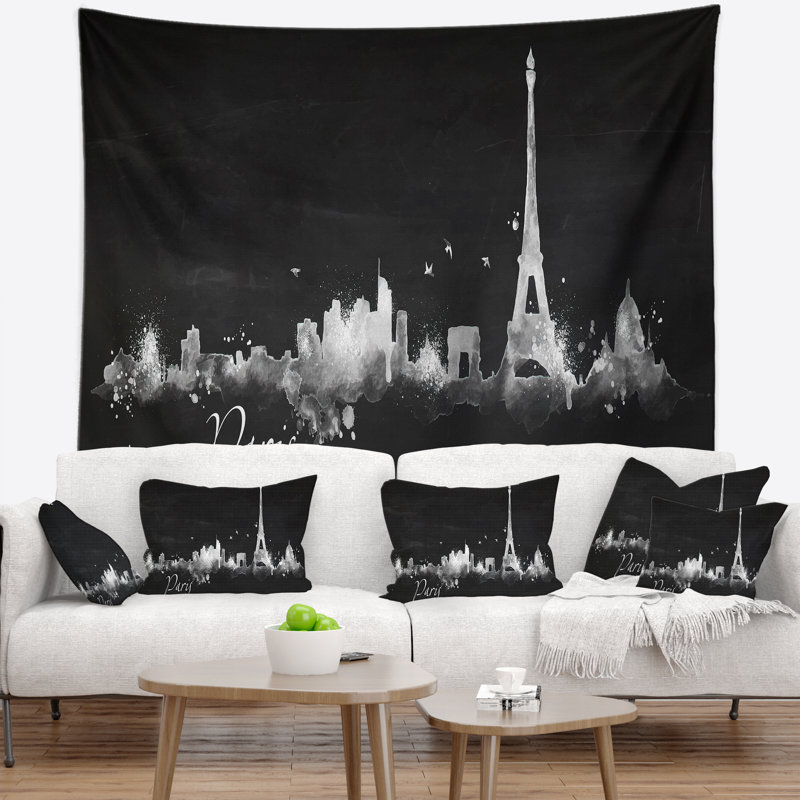 Paysage urbain tapisserie silhouette noire paris, H 50 po x l 60 po