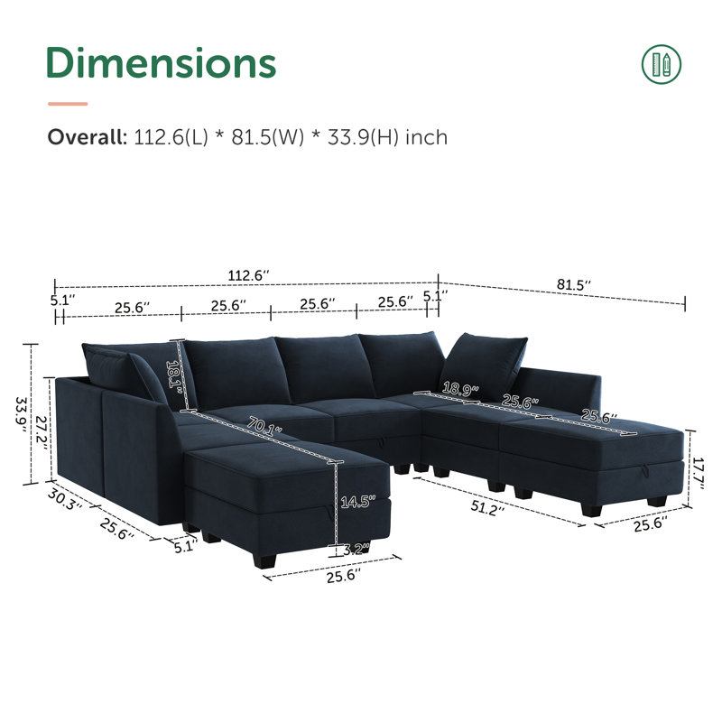 Tremee U Shaped Modular Velvet Sectional Couch, Blue Velvet