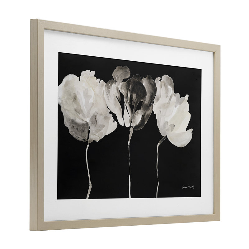 Trio de lumière sur fond noir, reproduction sous verre, design par Lanie Loreth, H 17 po x l 23 po, Cadre de récolte en pin