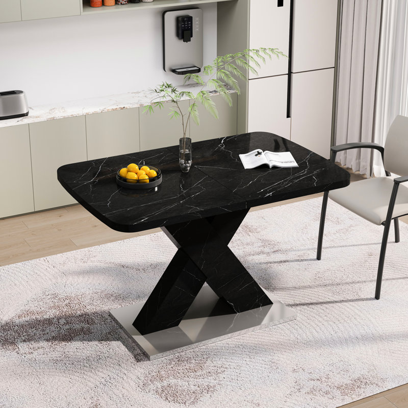 Table de salle à manger carrée extensible moderne, surface en marbre noir et acier, 62,03 po Plateau en marbre texturé, poids net de 85,43 lb