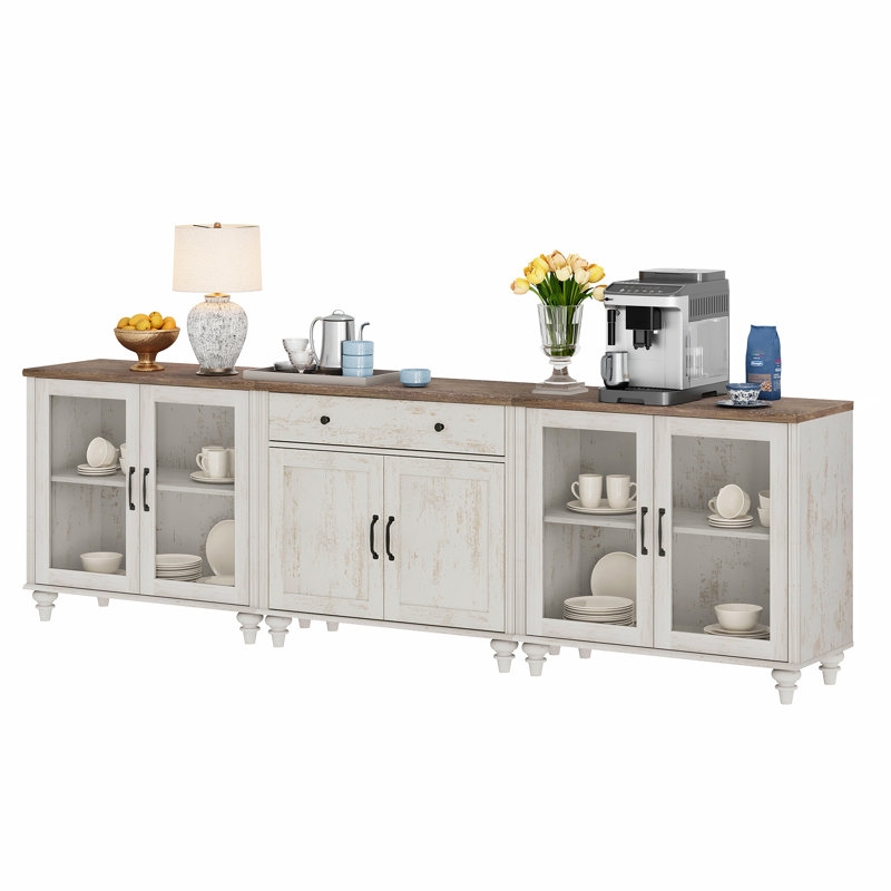 Sideboard Buffet Cabinets With 4 Glass Doors And A Drawer, Farmhouse Wood Large Sideboard Credenza For Dining Room, Modern Ample Storage Cabinet For Living Room, Rustic White, 102 Inch