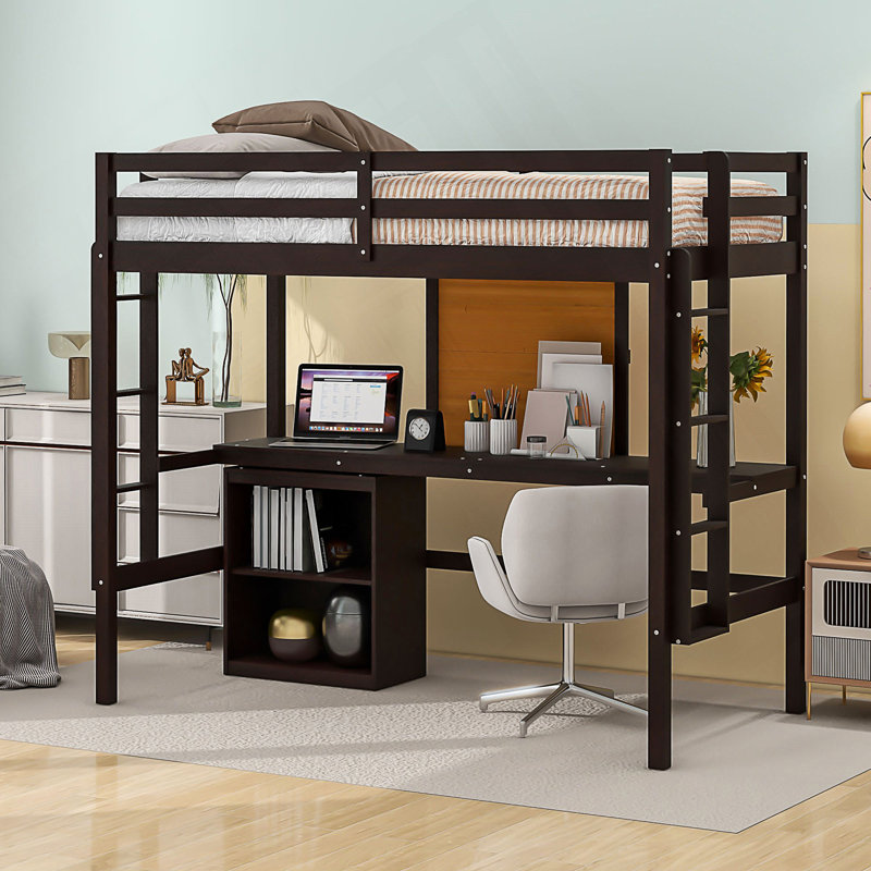 Lit mezzanine simple avec bureau, tableau d'écriture et armoire, parfait pour un espace compact et multifonctionnel, Espresso