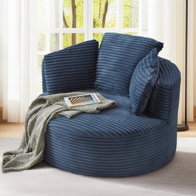 Fauteuil demi-tonneau rembourré en velours côtelé 49 po Lozena, chaise longue à compression ronde surdimensionnée, aucun assemblage requis