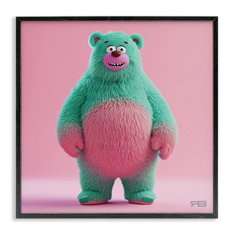 Ours vert souriant, estampe numérique encadrée par RB, H 12 po x l 12 po, Giclée encadrée noir minuit