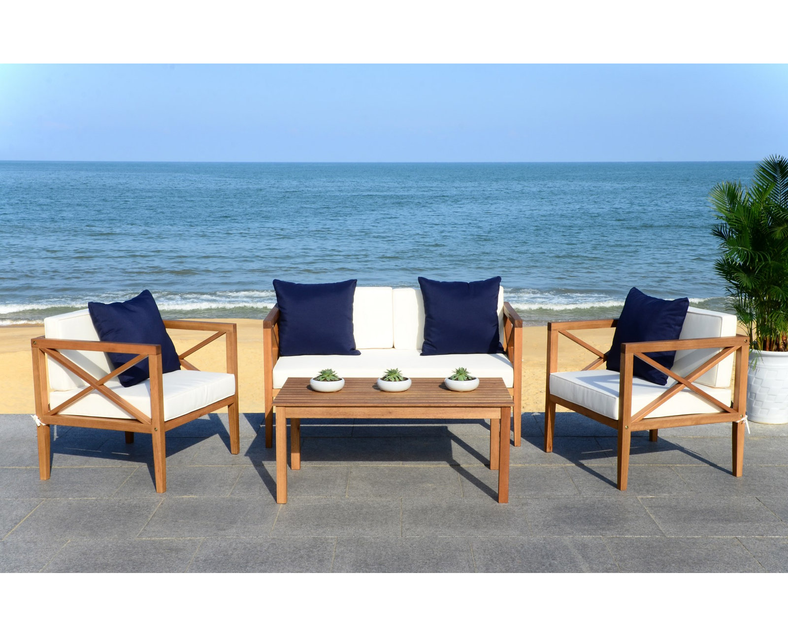Mondovi Eucalyptus 4 - Person Patio Conversation Set with Cushions, Natural Frame/Beige Cushion, Navy