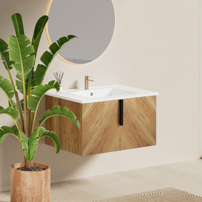 30" Wall-Mounted Floating Single Bathroom Vanity Set With Black Integrated Ceramic Sink And Chevron Wood Grain Cabinet