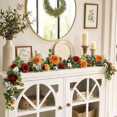 Artificial Eucalyptus Garland with Orange Roses & 3D Butterflies, 2 Pack Silk Faux Floral Vines, 5.9ft Wedding Arch Decor