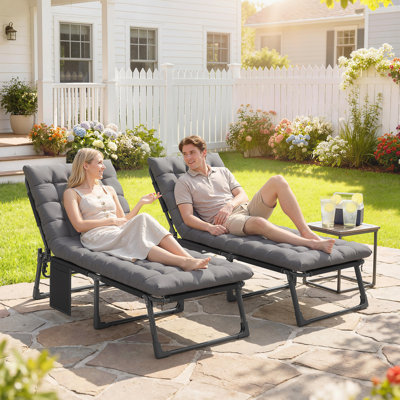 Chaise Lounge Chair Outdoor Set of 2, 5-Position Reclining Pool Lounge Chairs with Cushions, Side Pocket, Headrest, Folding Lounger Tanning Chair Camping Cot for Patio, Beach, Dark Gray