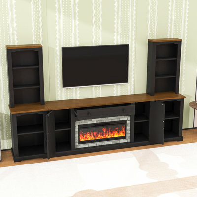 Wood Entertainment Center with Electric Fireplace Heater, Drawer, Storage Cabinets and Bookshelves