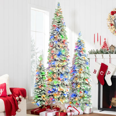 Arbre de Noël 8 pi, 6 pi, 4 pi pré-éclairé, ensemble de 3 sapins de Noël floqués, sapin de Noël, 1370 pointes en PE, 290 lumières DEL avec 11 modes d'éclairage