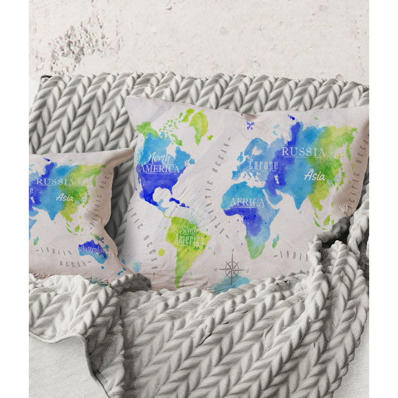 Carré, carte du monde en vert et bleu - Coussin décoratif imprimé moderne, 18" x 18"