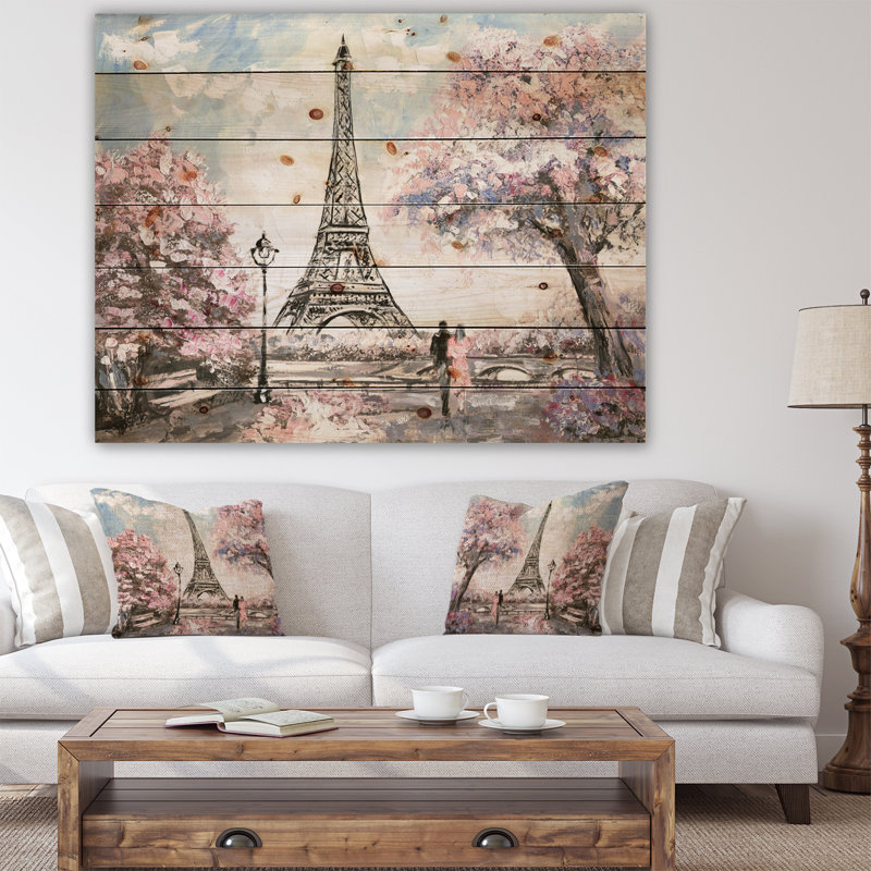 Paysage urbain «Eiffel avec fleurs roses», peinture, H 30 po x l 40 po x P 1,5 po, Bois