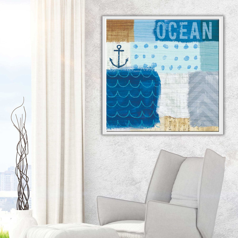 «Beachscape Collage II», art textuel sur toile, H 39,5 po x l 39,5 po x P 2 po, Cadre flottant blanc