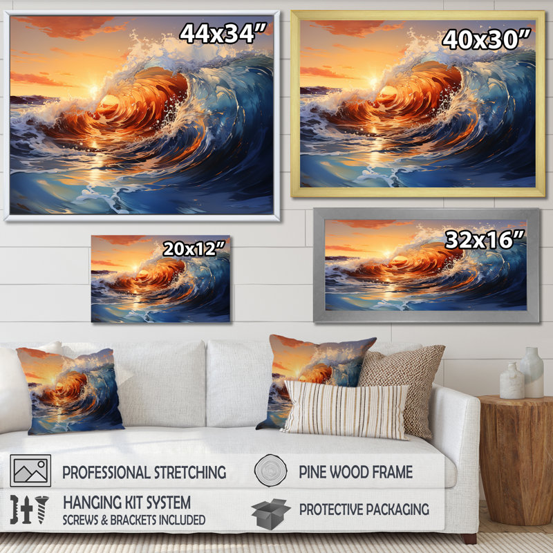 «Blue and Orange Sunrise Waves III» - art mural vagues côtières, Cadre flottant noir, H 24 po x l 32 po x P 1 po