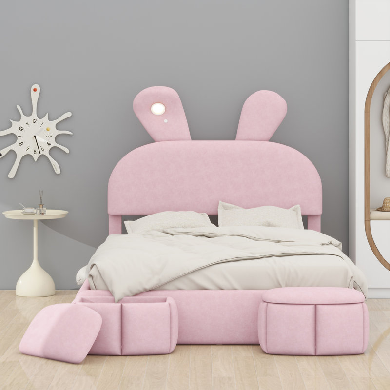 Lovely Cartoon Ears Design Upholstered Platform Bed with Light