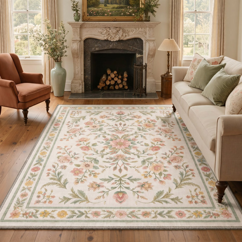 Tapis floral ivoire / rose lavable à la machine avec envers antidérapant, Rectangle 120 po x 96 po
