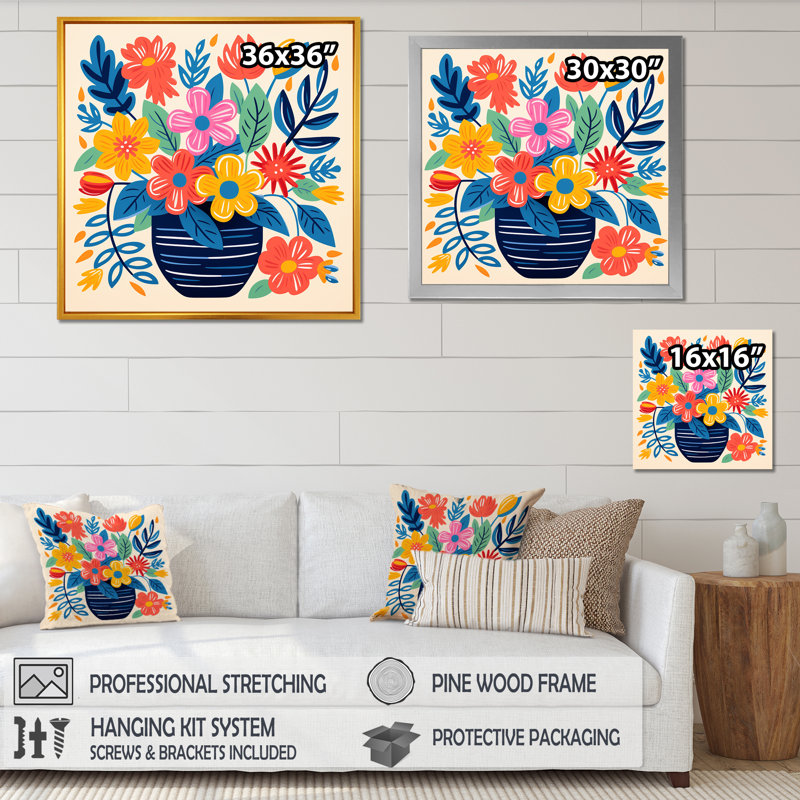 Vase bohémien jaune et bleu en poterie Blooms III - Boho Pottery, art mural, Cadre simple noir, H 36 po x l 36 po x P 1,5 po
