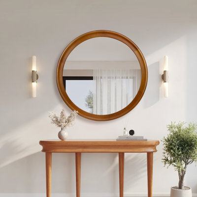 Round Wall Mirrors 36 Inch,Wood Mirror with Walnut Frame for Bathroom,Decorative Farmhouse Mirror for wall,Hanging Vanity Mirror for Bedroom Living Room or Entryway（Walnut Brown）