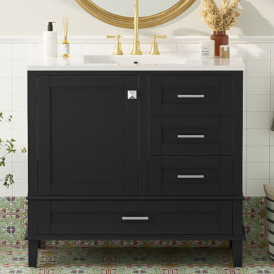 Meuble-lavabo 36 po avec cadre en pin massif, 1 porte à fermeture douce et 3 tiroirs