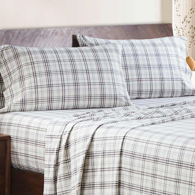 Ensemble de draps 100% flanelle Beldibi, Ensemble de draps pour lit simple TG avec deux art, Carreauté gris anthracite