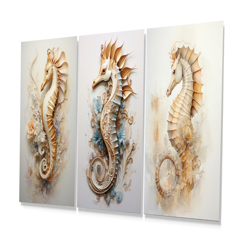 Hippocampe magique beige - ensemble de 3 reproductions d'art en métal hippocampe, H 28 po x l 36 po