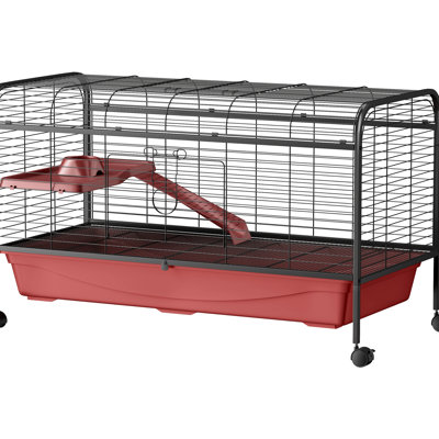 48" L Small Animal - Rabbit & Ferret Playhouse With Feeder, Wheels, Platform, Ramp Red/Black Pet Haven Play House Red + Black