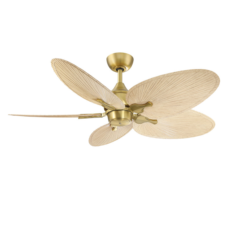 Islander DC 52 inch Indoor/Outdoor Ceiling Fan - Brushed Satin Brass with Natural Narrow Oval Palm-Inspired Blades