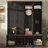 Farmhouse Hall Tree With 4 Hidden Hanging Hooks, Versatile Walnut Seating Bench With 8 Doors, Entryway Shoe Cabinet With Open Compartments For Living Room-1046672267