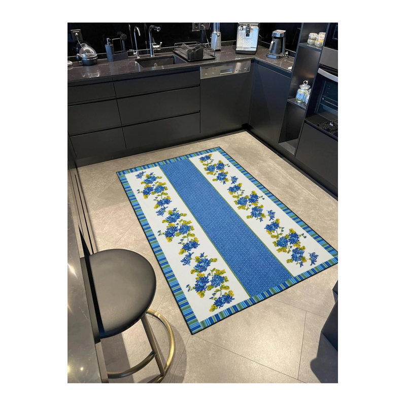 Blue Colored Floral Patterned Modern Geometric Woven Floor Carpet, Rectangle 2'4" x 4'