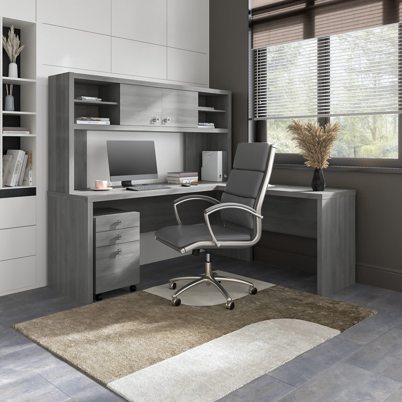 Bureau en L 72 W, pédale mobile à 3 tiroirs et huche de la collection Office 500, Gris