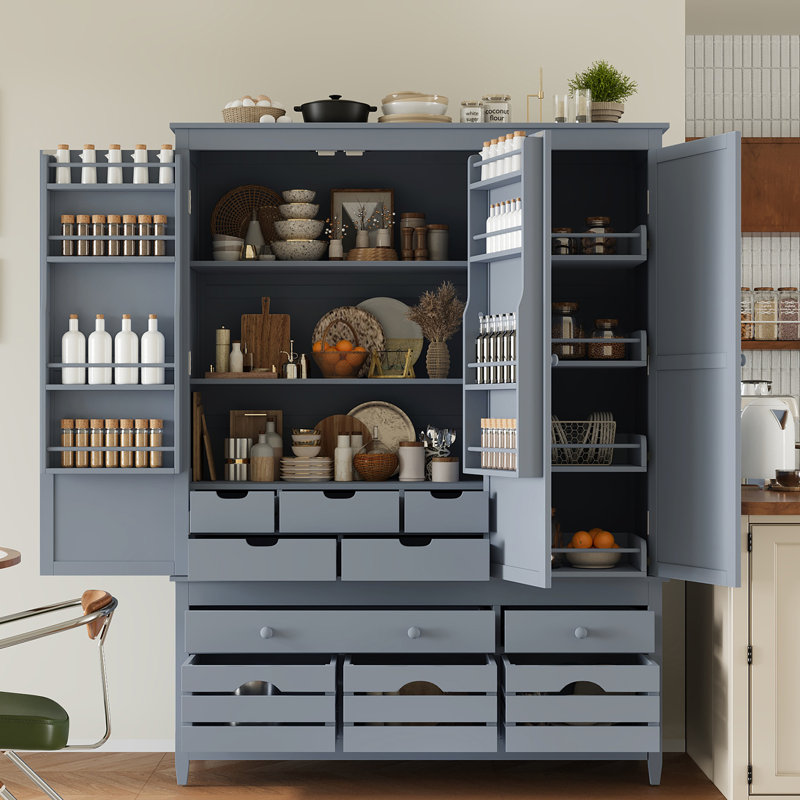 Buffet de cuisine autoportant en bois avec 10 tiroirs, 8 tablettes de porte et 4 plateaux coulissants, Gris